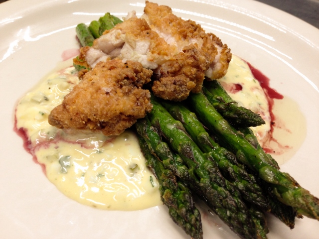 Broiled Yakima asparagus with almond dusted crispy veal sweetbreads, sauce gribiche and house-made red wine vinegar.