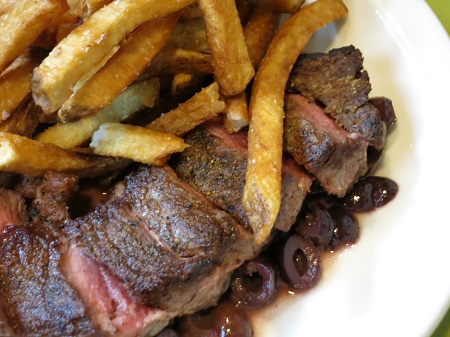 NW Grass-fed beef petit strip steak, red wine-rosemary-black olive pan sauce, pommes frites