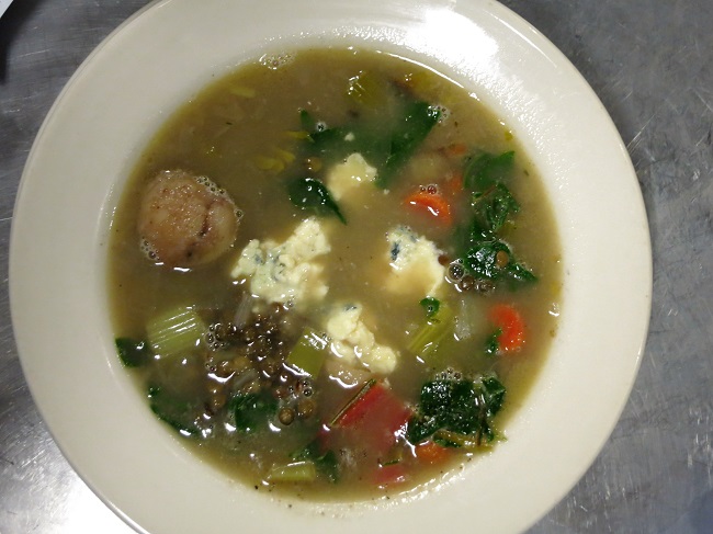 Lentil soup with green chard, onions, carrots, chestnuts and Forme d'Ambert cheese