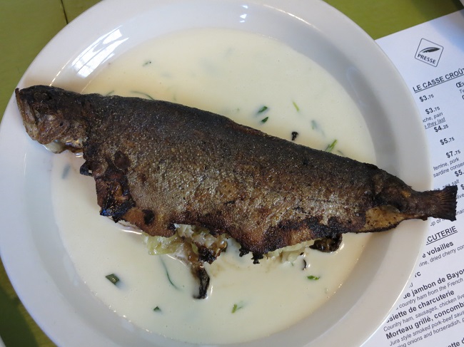 Boneless Idaho trout stuffed with house-made sauerkraut, cabbage and tarragon served on a creamy Riesling sauce.
