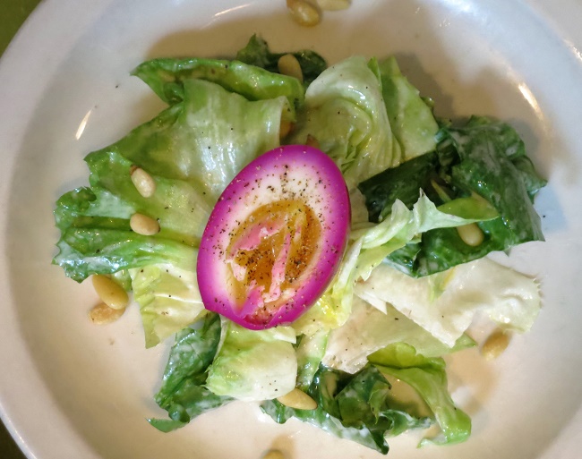New salad to accompany Steak Tartare:  escarole, pine nuts, creamy lemon vinaigrette and a pickled egg