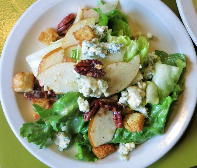 Salad of escarole, winter pears, garlic croutons, pecans and Bleu des Causses cheese with honey-roasted pear vinaigrette