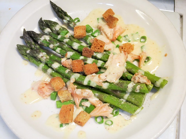 WA state asparagus with scallions, house-smoked arctic char, butter fried croutons and Basque cider vinaigrette
