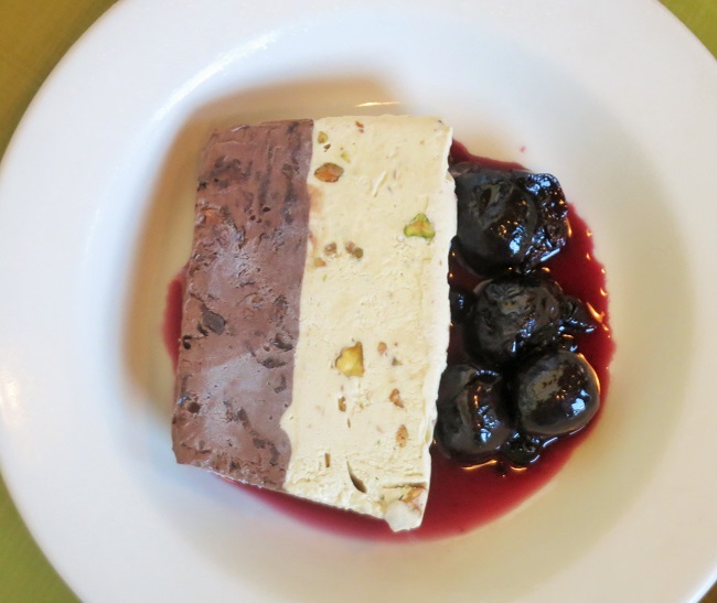 Chocolate-pistachio ice cream terrine served with Bing cherry compote
