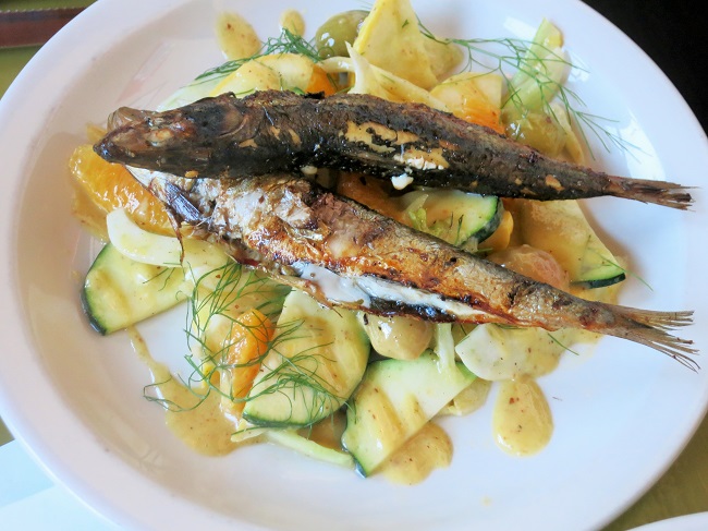 Pacific sardines grilled, served on a salad of fennel, zuchini, oranges, picholine olives and sumac vinaigrette