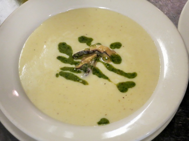 Sweet corn-potato-gruyere soup with marinated shiitake mudrooms and sage pistou 