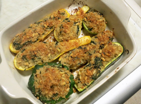 Stuffed squash coming out of the oven.