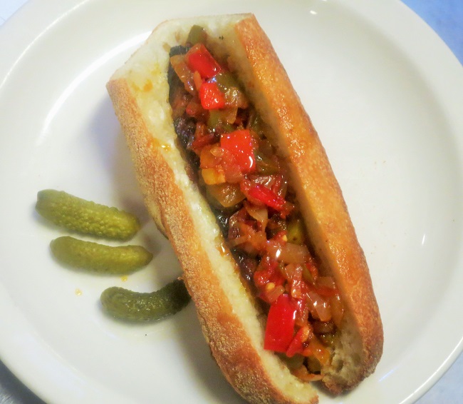 House cured and smoke pork belly sandwhich with Basque-style sweet pepper and Piment d'Espelette ragout.