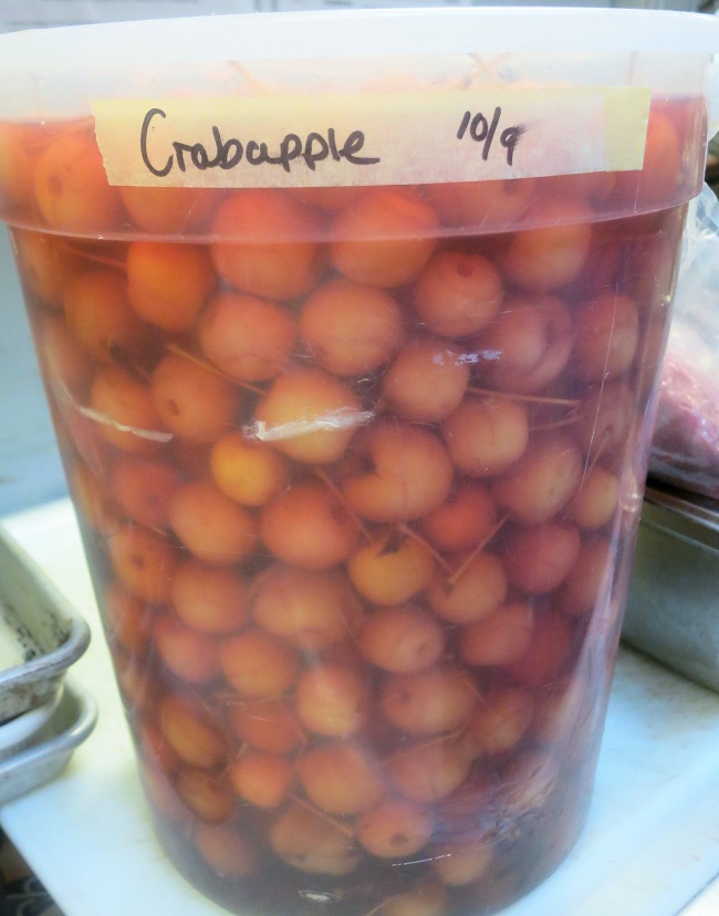 Crab apples for the dinner have been pickling since early October.