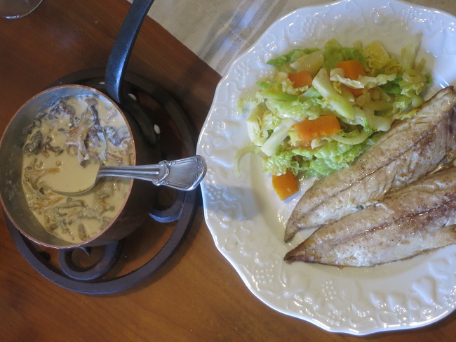 Yellow foot mushrooms a la creme served with a saute of Savoy cabbage and French pumpkin and pan roasted mackerel fillets