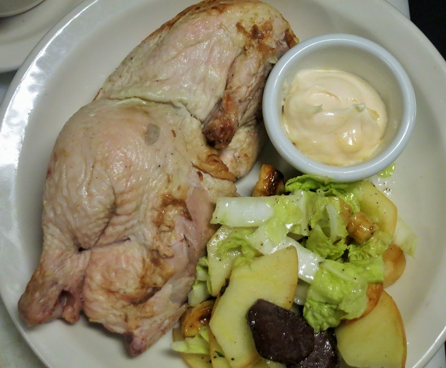 Roasted WA natural free range chicken served cold with mayonaise and a salad of Napa cabbage, apple, shallots and creamy cider vinaigrette 