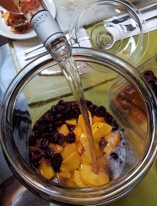 Joanne's special recipe for sangria, featuring rosé  from the Languedoc, peaches and blackberries from her back yard!