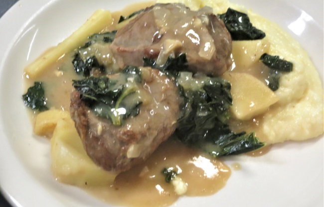 Pork cheeks simmered with apple cider, collard greens and parsnips, served with potato-parsnip purée