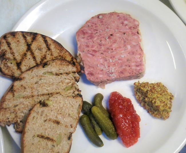 Venison-pork-juniper terrine with candied fennel rye bread and quince preserves